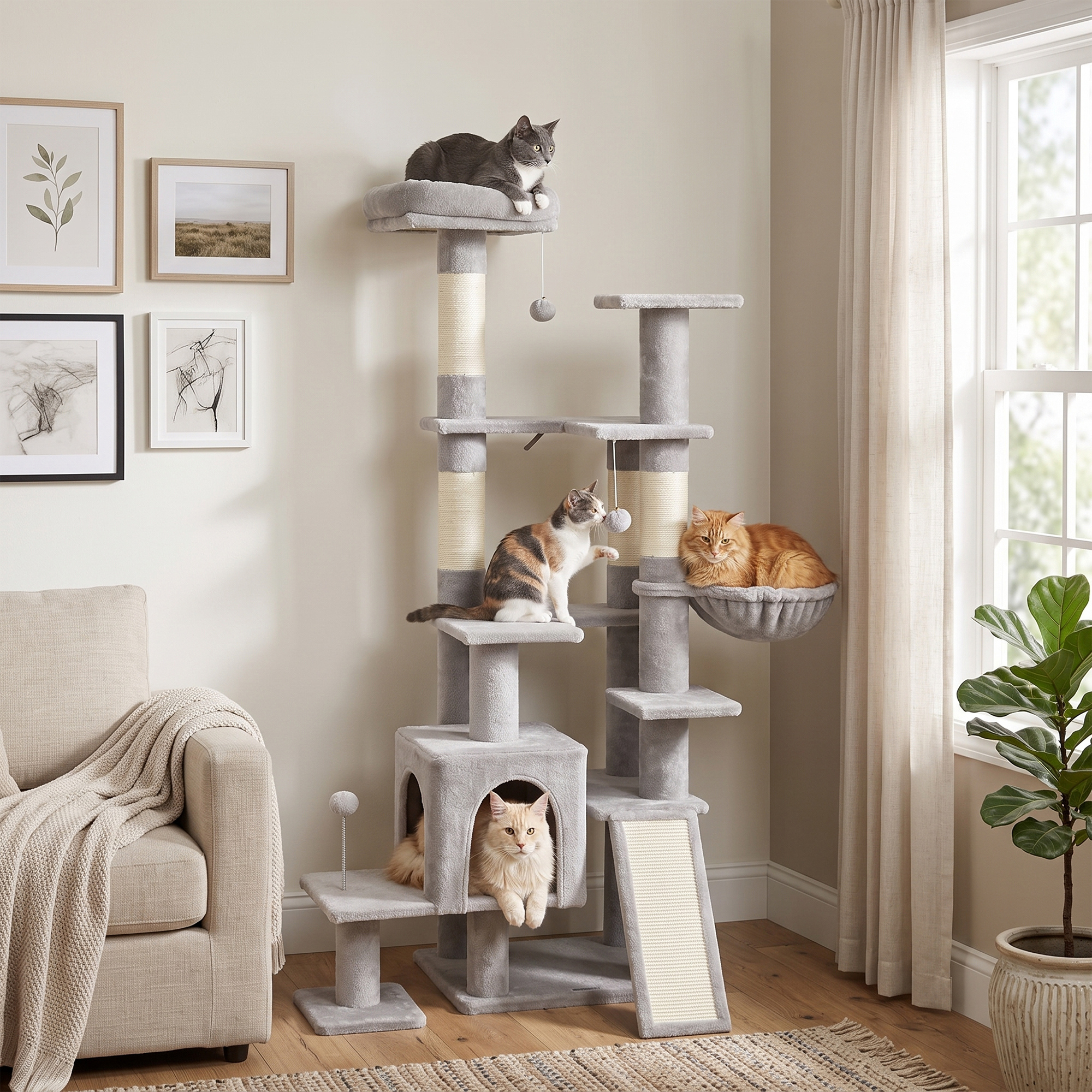 Cuatro gatos en un gran rascador gris en una habitación luminosa junto a un sofá.
