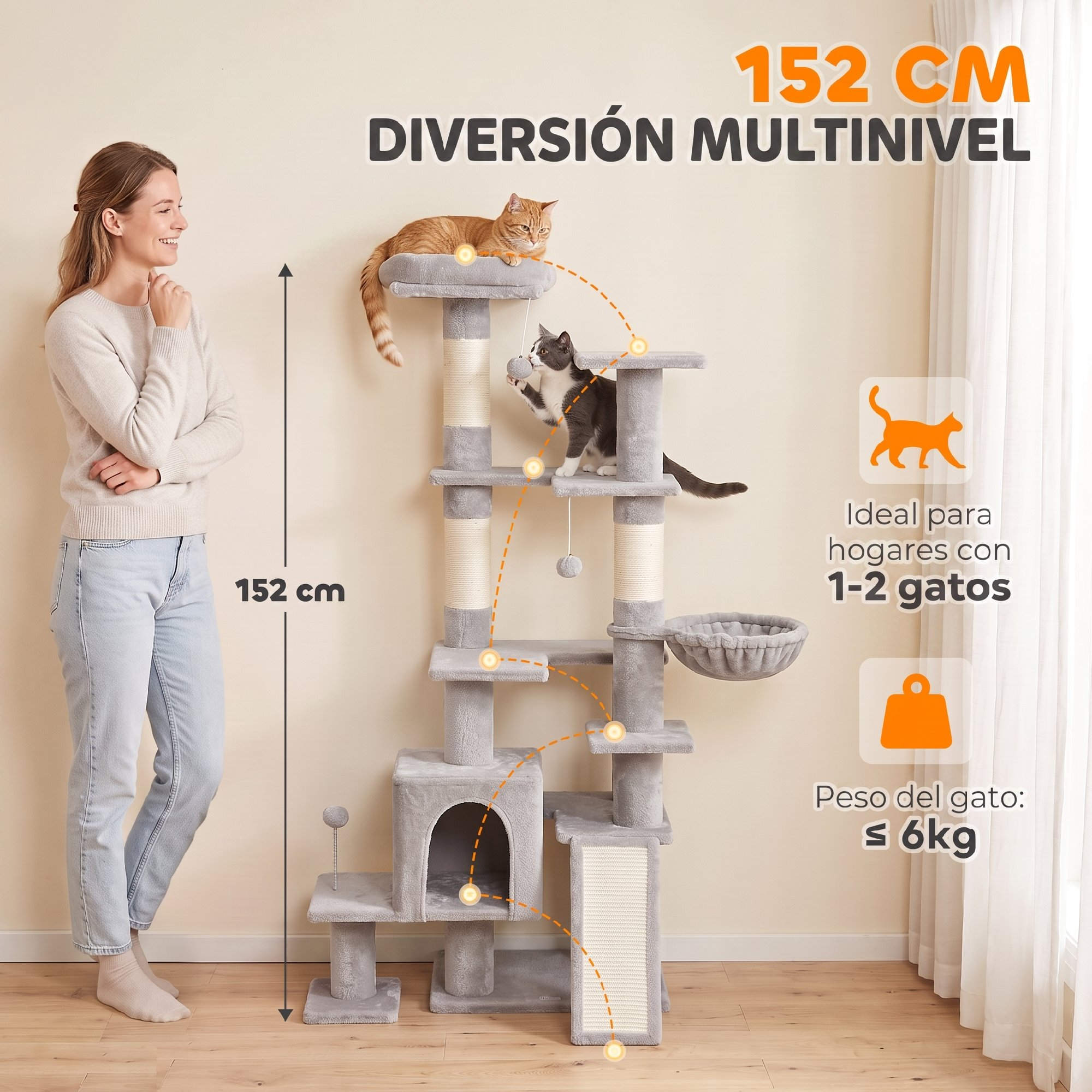Una mujer sonriente junto a un rascador para gatos gris de 152 cm de varios niveles.