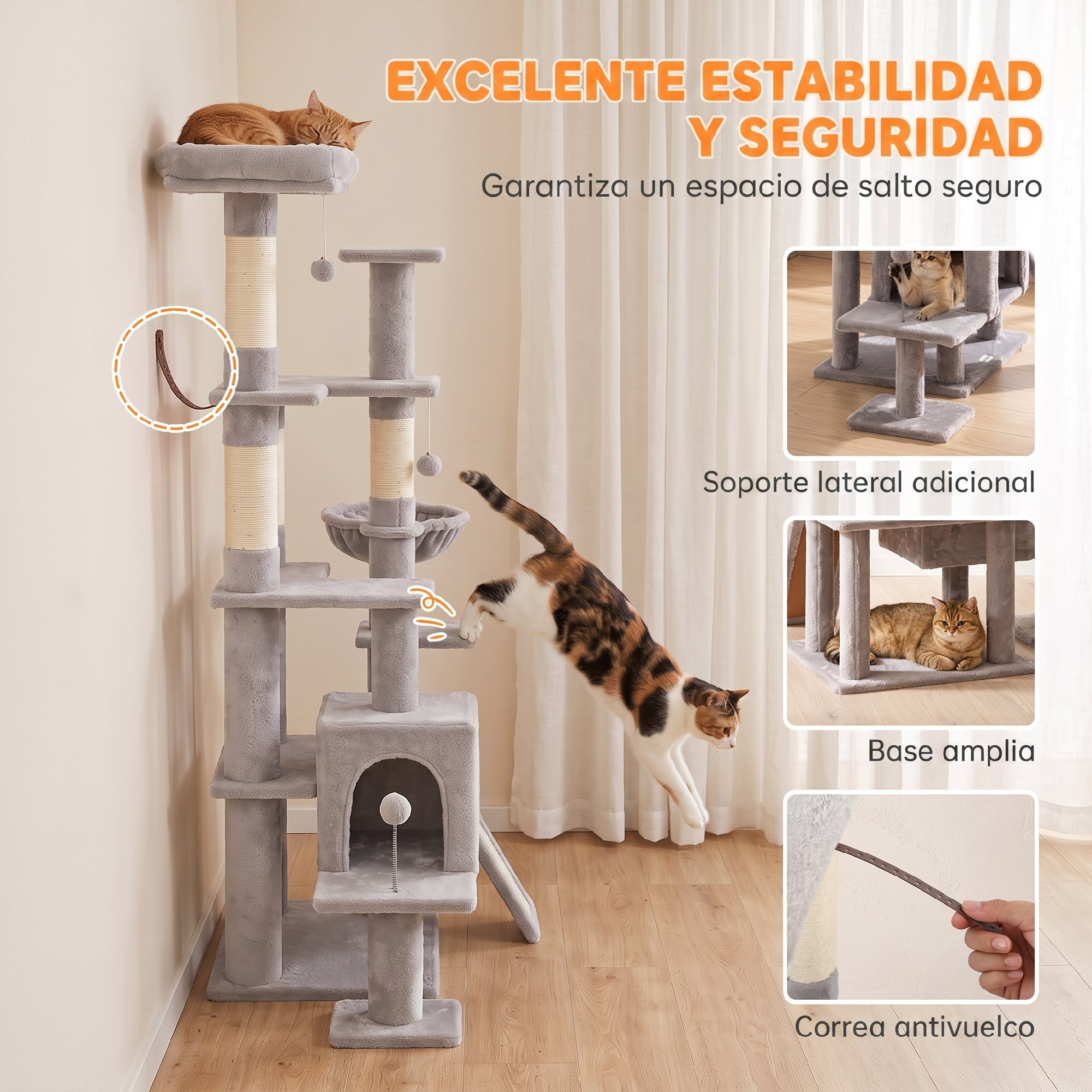 Un rascador gris de varios niveles con gatos saltando y descansando.