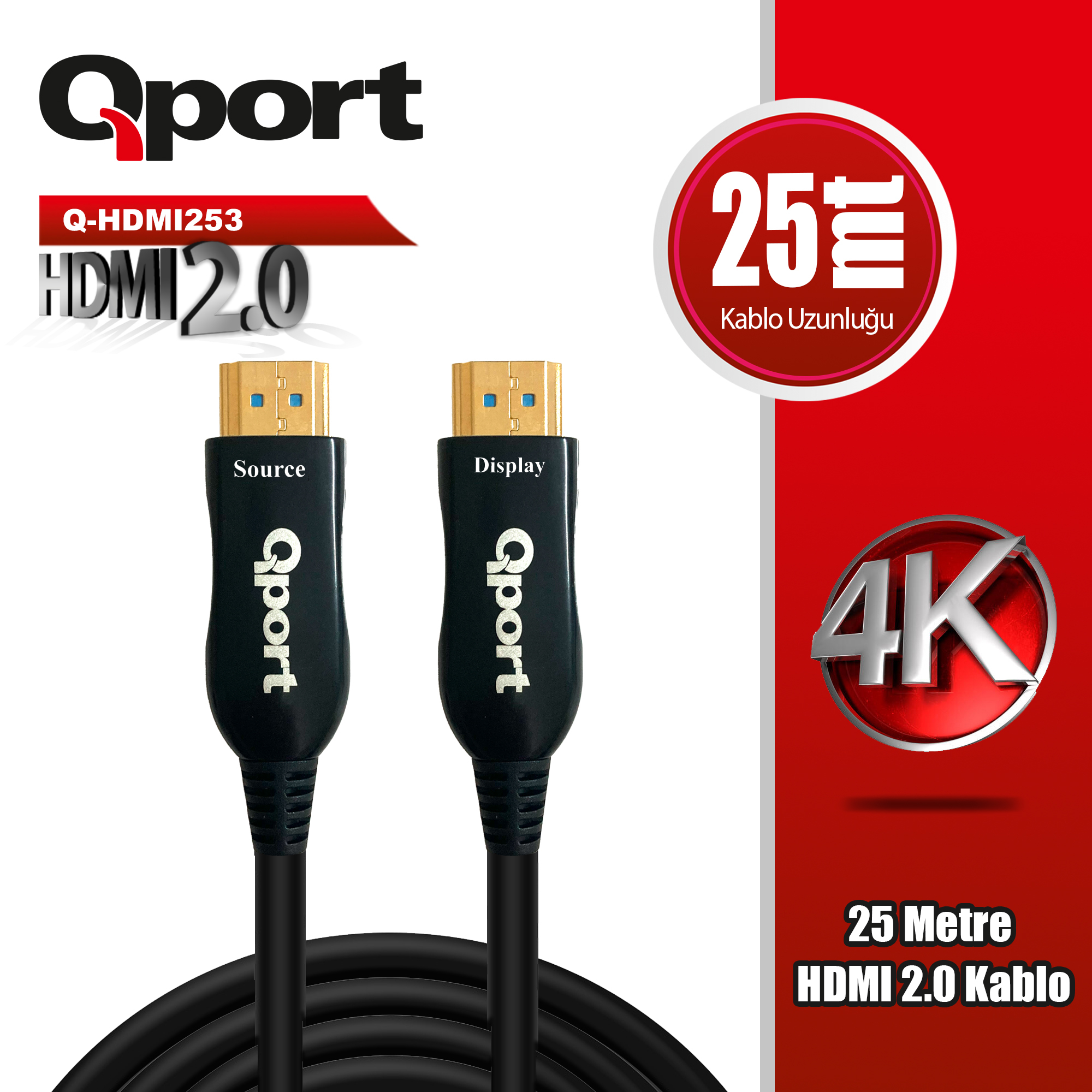 25 metre uzunluğunda ve 4K destekli siyah Qport HDMI 2.0 kablosu.