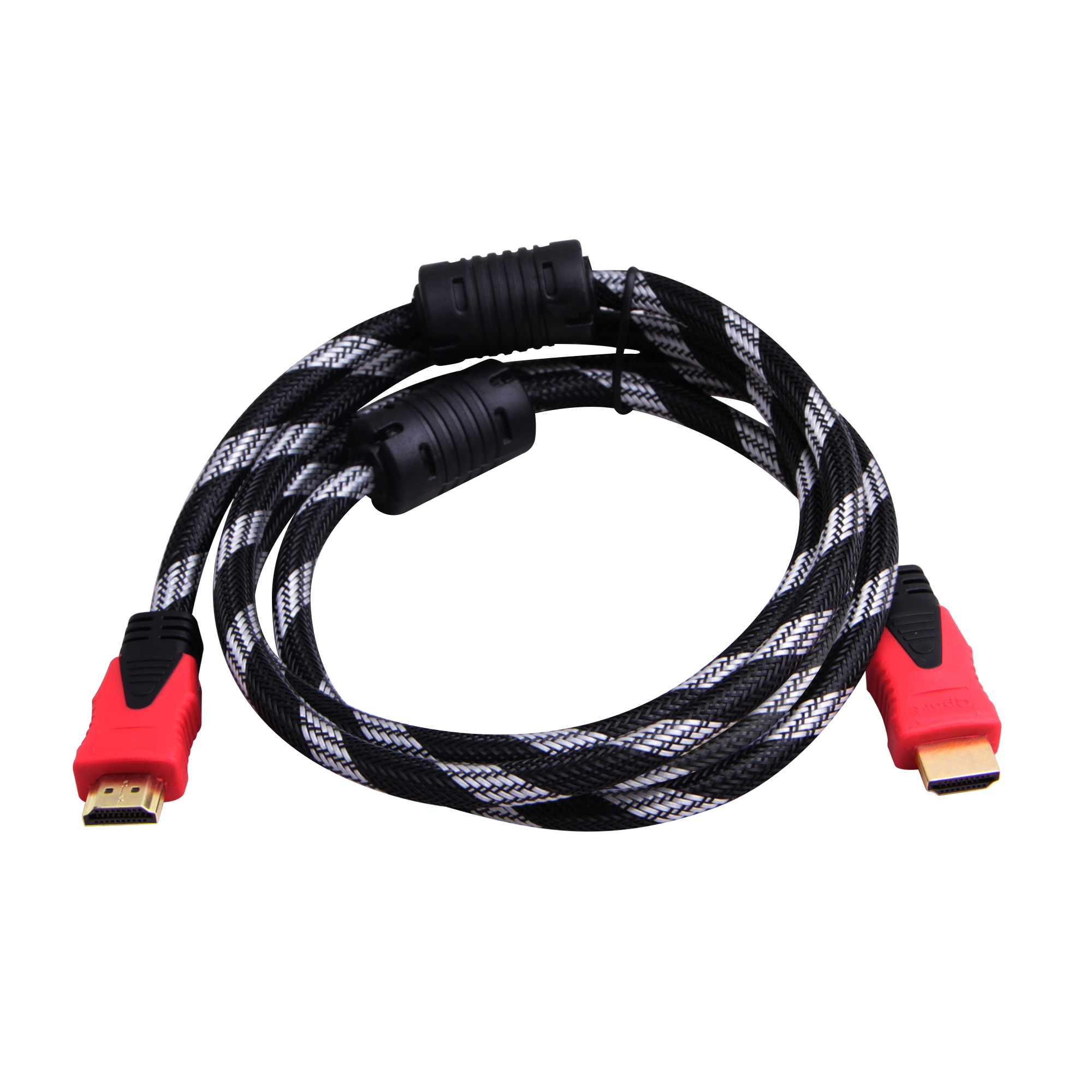 Beyaz arka plan üzerinde kırmızı ve siyah konektörlere sahip, sarılmış siyah ve gümüş örgülü HDMI kablosu.