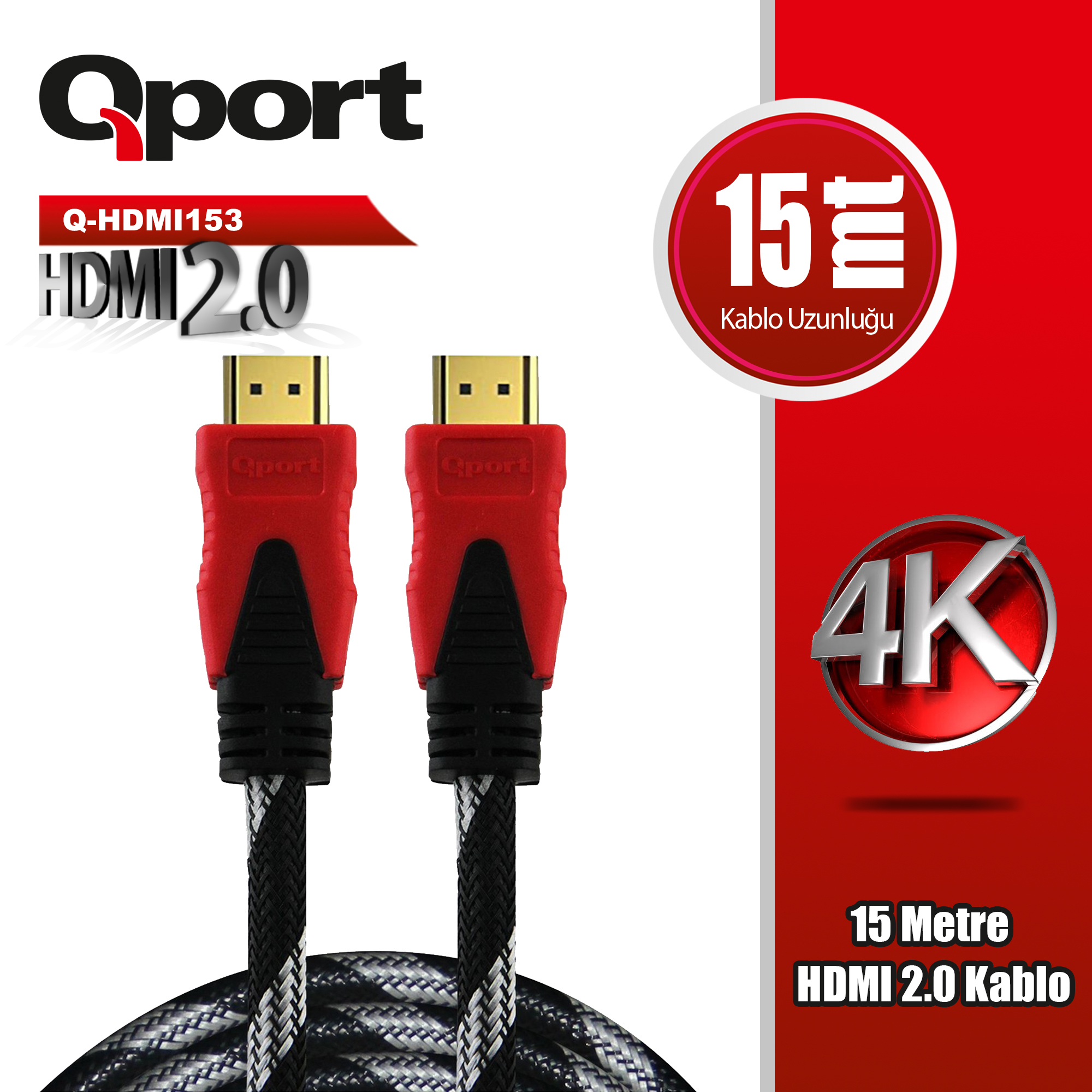 Qport HDMI 2.0 kablo, 15 metre uzunluğunda, 4K çözünürlüğü destekler, kırmızı ve siyah örgülü.
