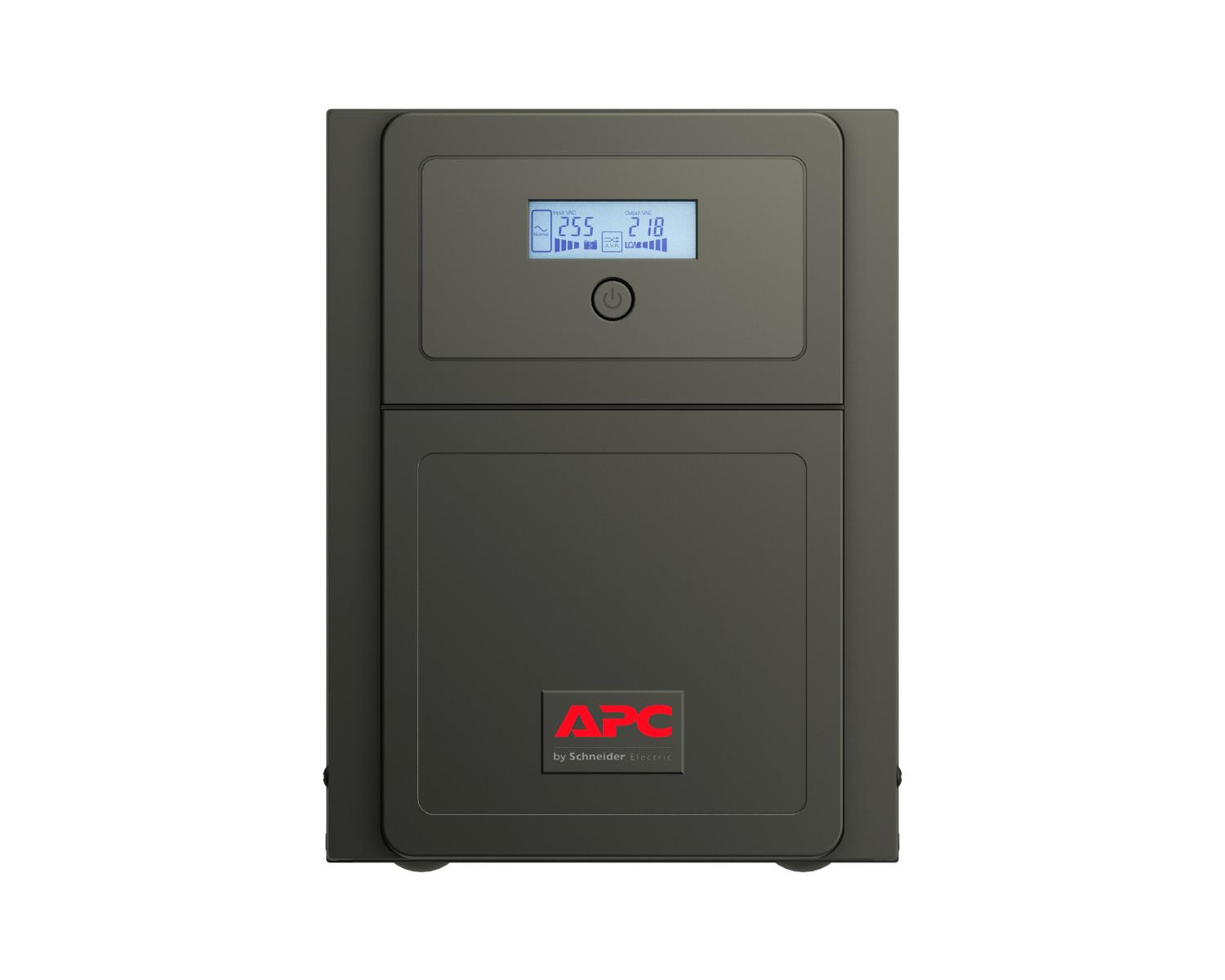 Sistema de alimentación ininterrumpida (SAI) APC gris con pantalla digital y logo rojo sobre fondo claro.