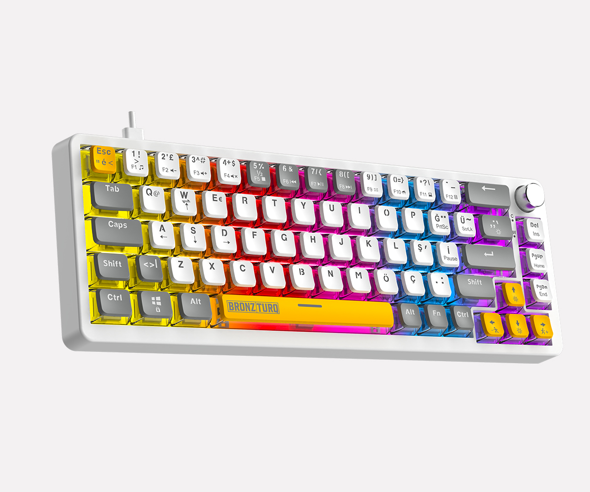 Renkli, şeffaf RGB tuşlarına ve sarı boşluk çubuğuna sahip beyaz bir mekanik klavye.
