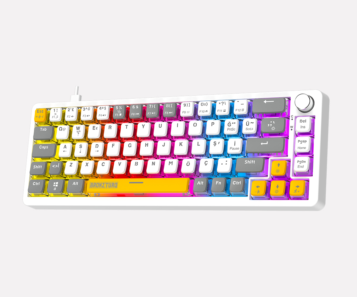 Renkli RGB arka aydınlatmalı, beyaz kasalı, gri ve sarı detaylı, ses düğmeli kompakt mekanik klavye.