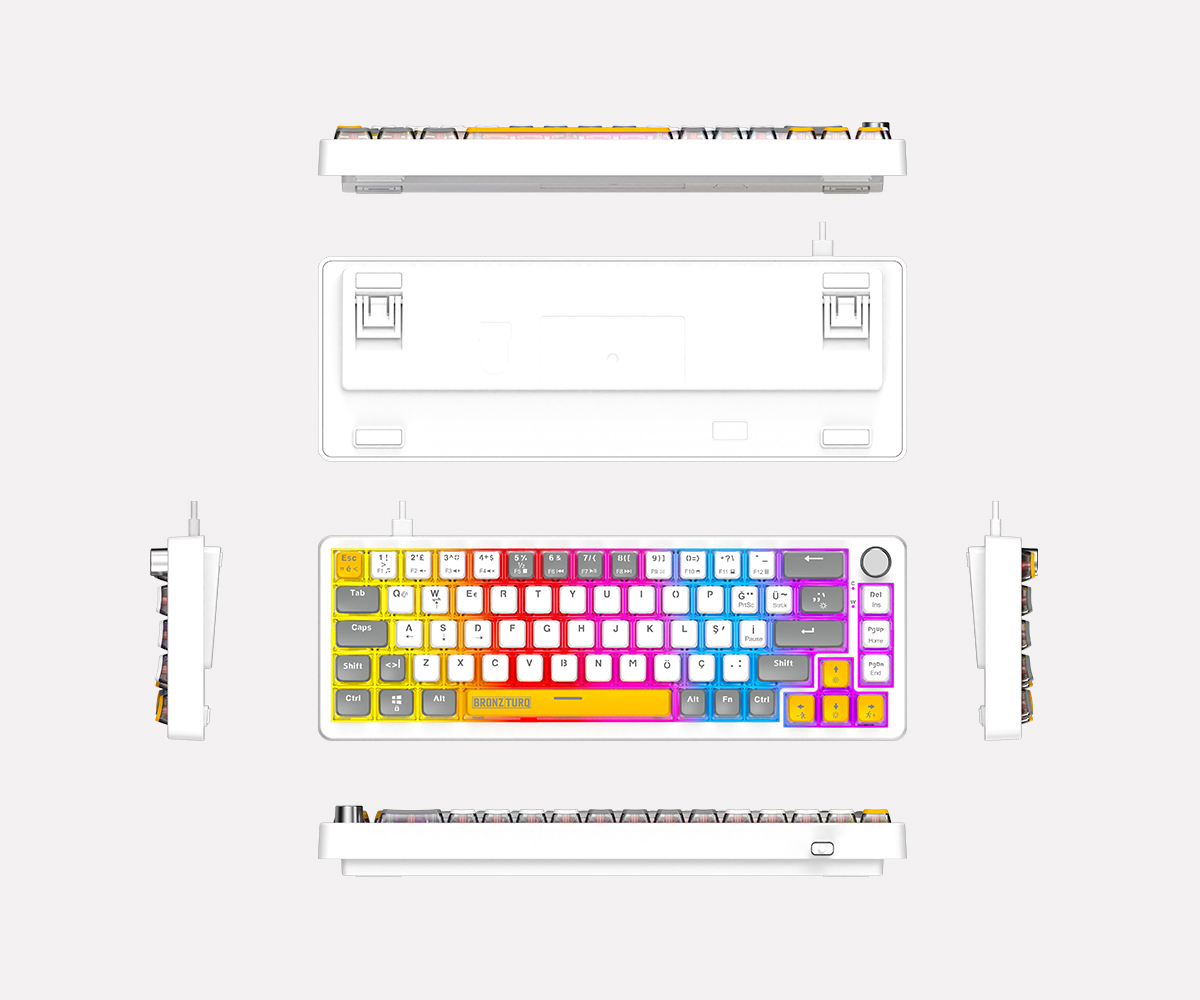 Renkli RGB arka aydınlatmalı beyaz mekanik klavyenin çoklu görünümleri.