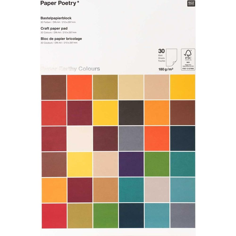Ein Cover eines Bastelpapierblocks mit 30 verschiedenen Erdtönen in einem Raster von Farbquadraten.