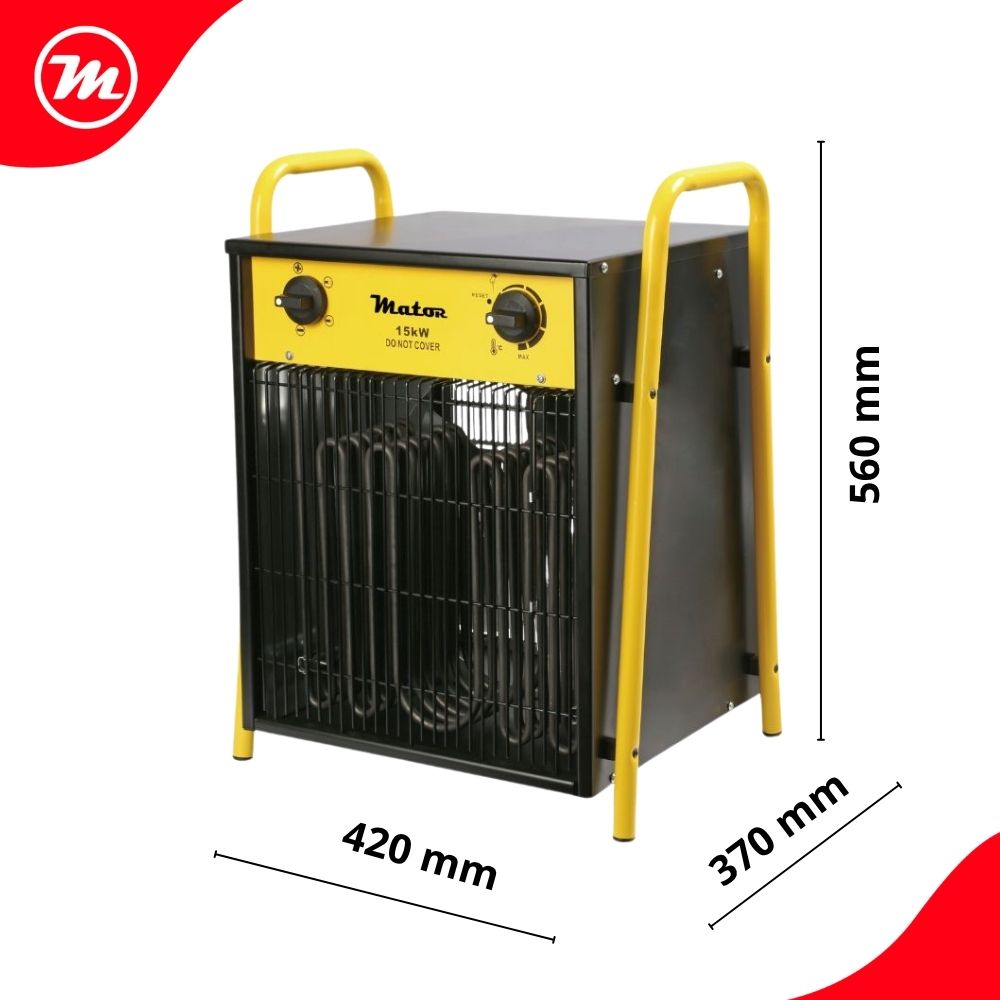 Un calefactor industrial Mator amarillo y negro de 15kW con frente enrejado y dimensiones de 420x370x560 mm.