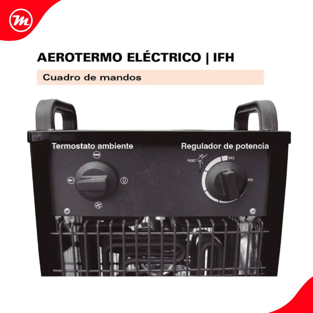 Panel de control de un calefactor eléctrico con perillas y termostato.