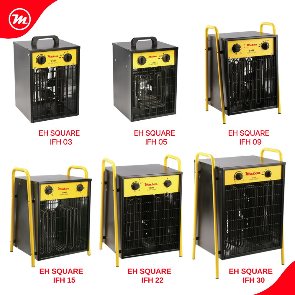 Seis calefactores eléctricos industriales negros y amarillos de varios tamaños, etiquetados como EH Square IFH 03 a 30.