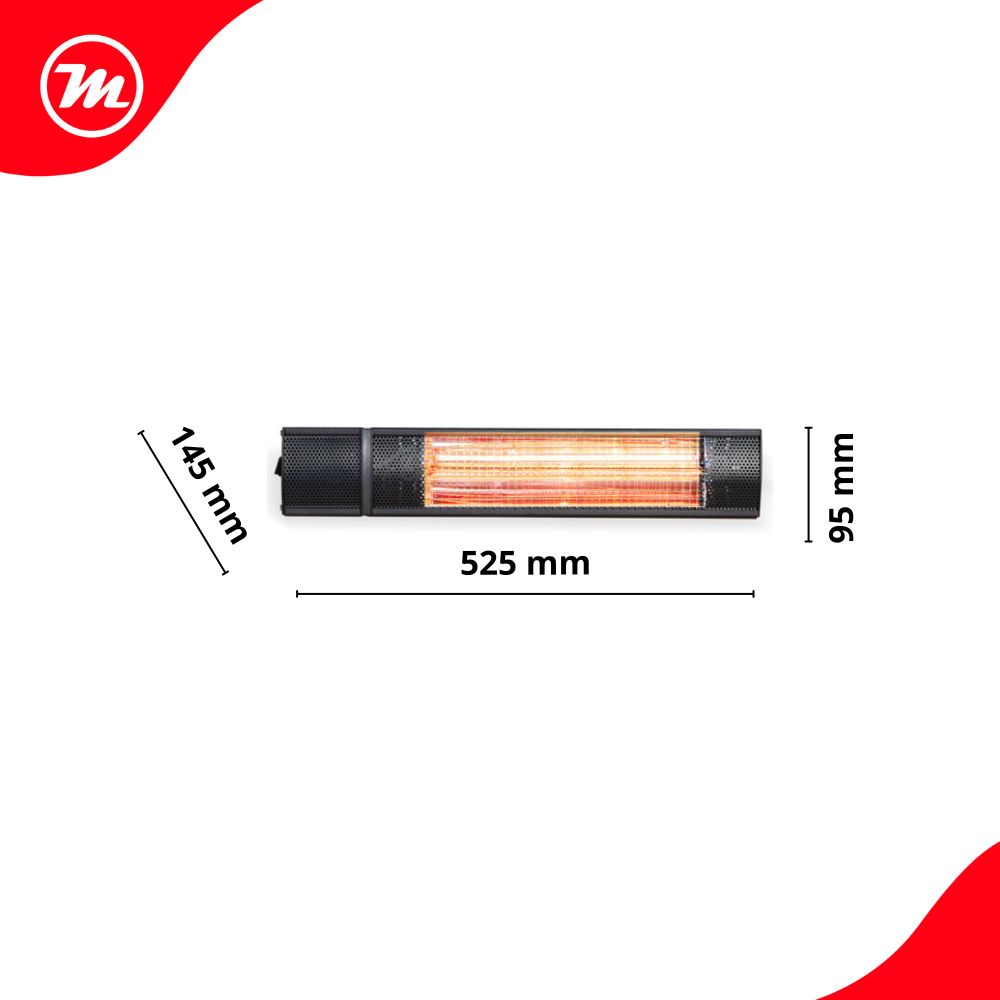 Un calefactor infrarrojo con dimensiones de 525 mm de largo, 95 mm de alto y 145 mm de diagonal.