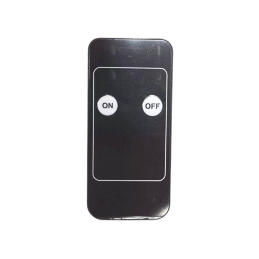 Un pequeño control remoto negro con dos botones blancos etiquetados como ON y OFF.