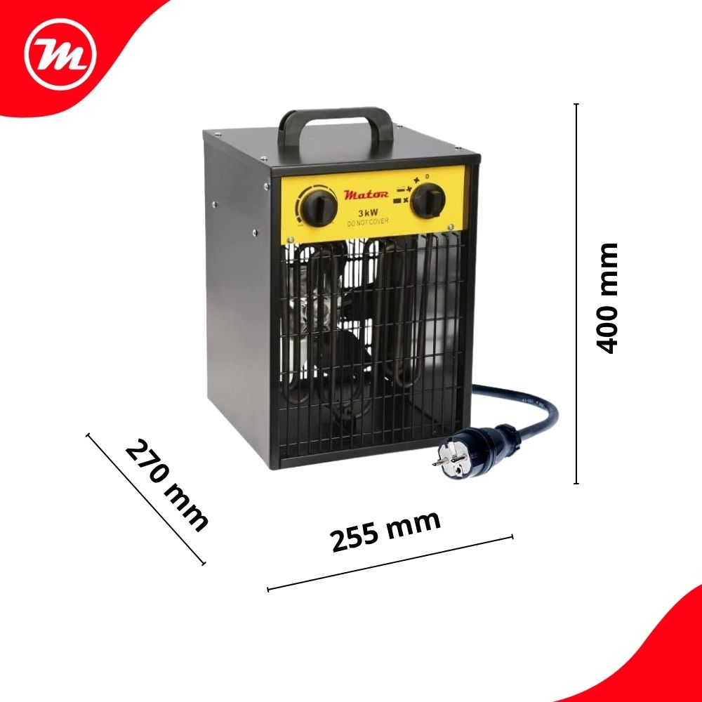 Calefactor eléctrico negro de 3kW con panel de control amarillo, asa, cable y dimensiones.
