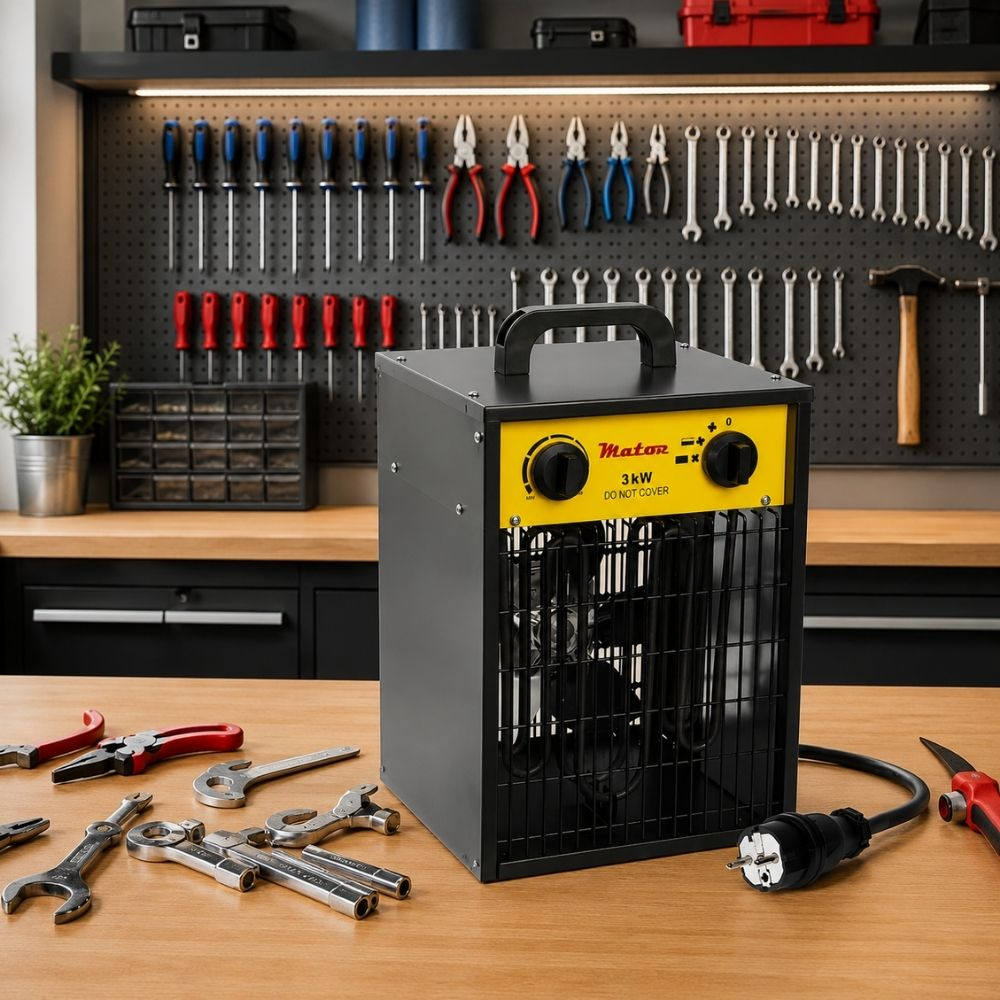 Un calefactor de 3kW amarillo y negro sobre un banco de madera en un taller con pared de herramientas.