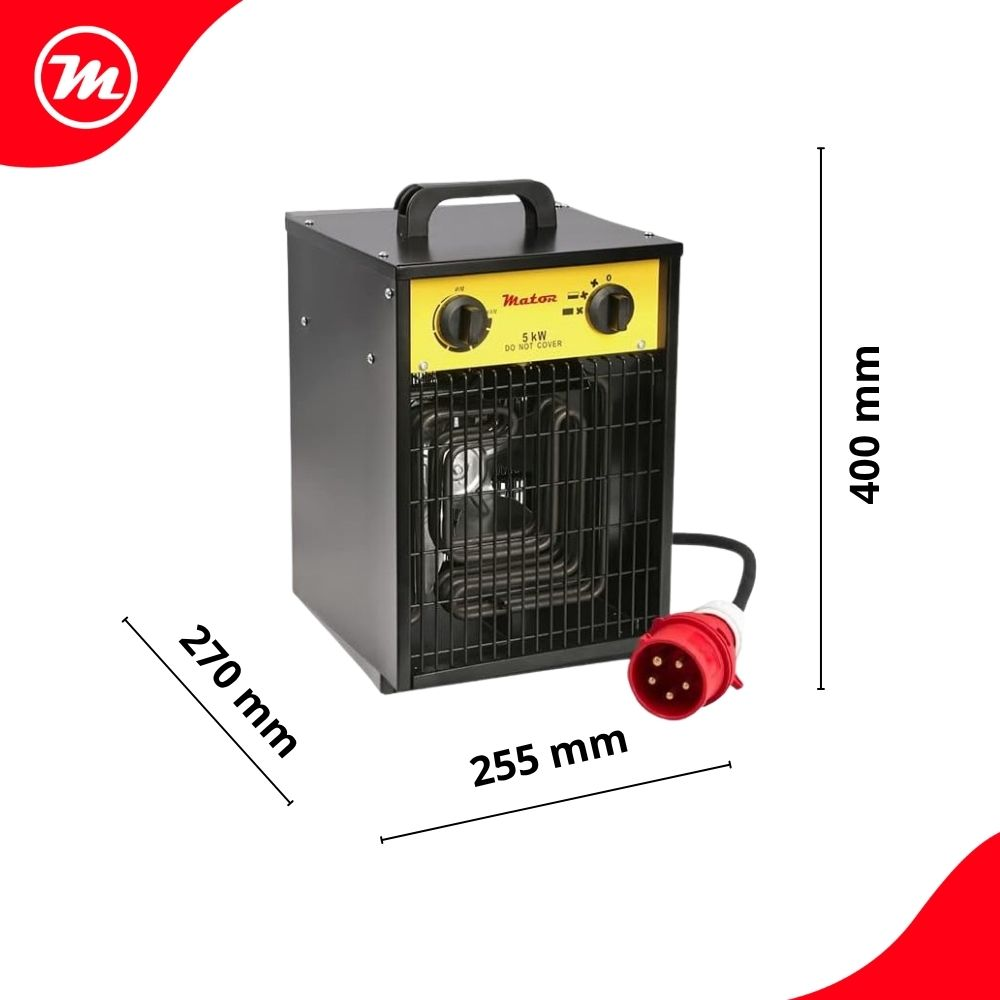 Un calefactor eléctrico negro de 5 kW con líneas de cota de 400 mm de alto, 255 mm de ancho y 270 mm de fondo.