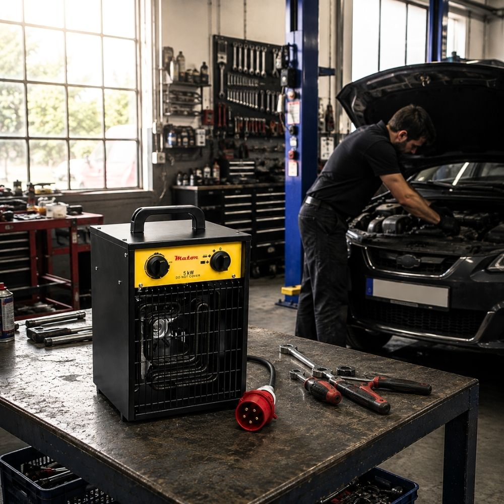 Un calefactor industrial negro sobre un banco de trabajo en un taller, con un mecánico trabajando en un coche al fondo.