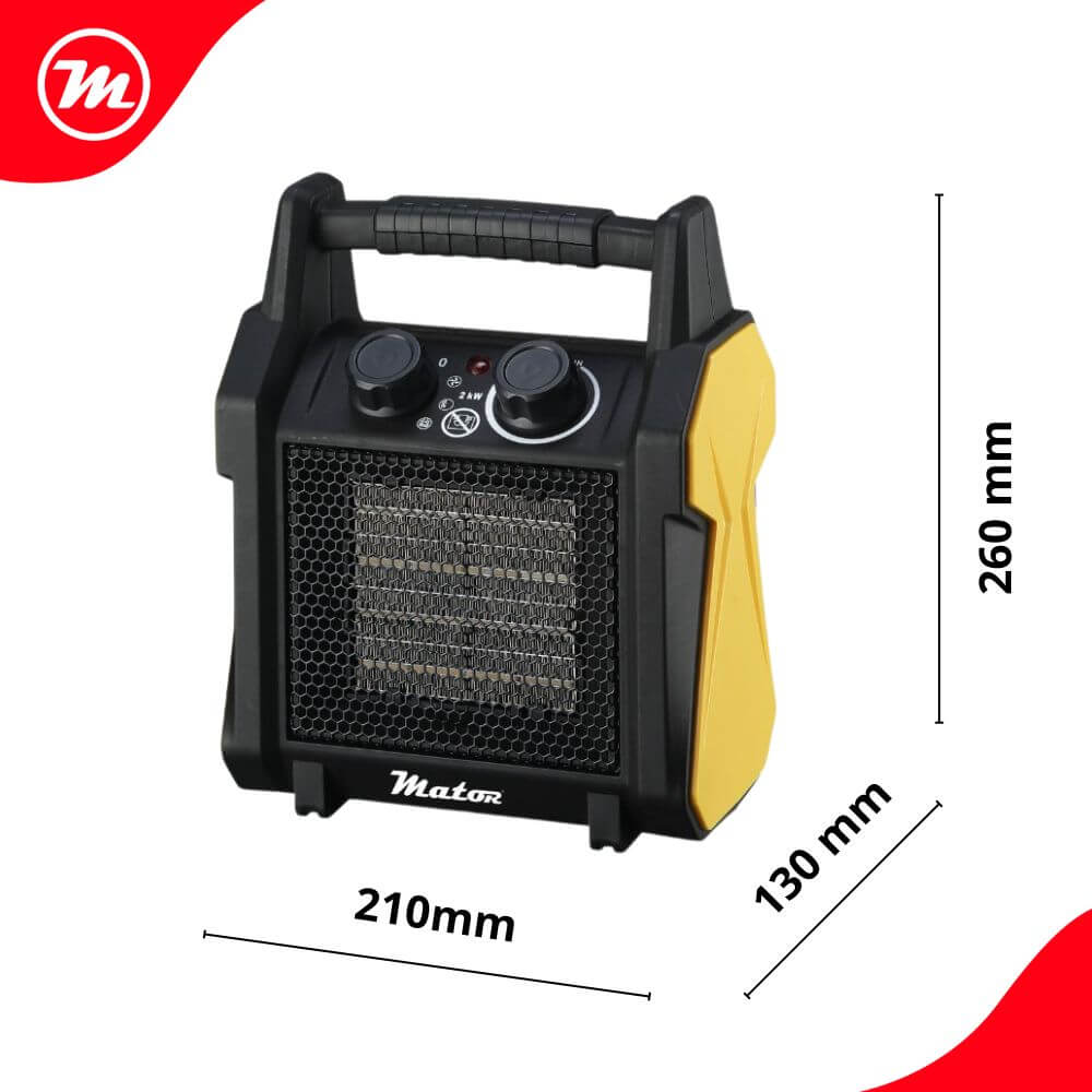 Calefactor eléctrico Mator amarillo y negro con asa y dimensiones 210x130x260 mm.
