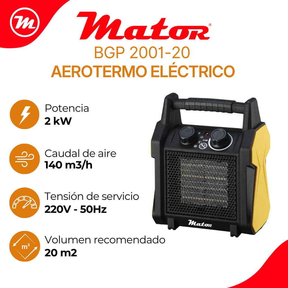 Aerotermo eléctrico Mator BGP 2001-20 con 2 kW de potencia, 140 m3/h de caudal de aire e iconos técnicos.