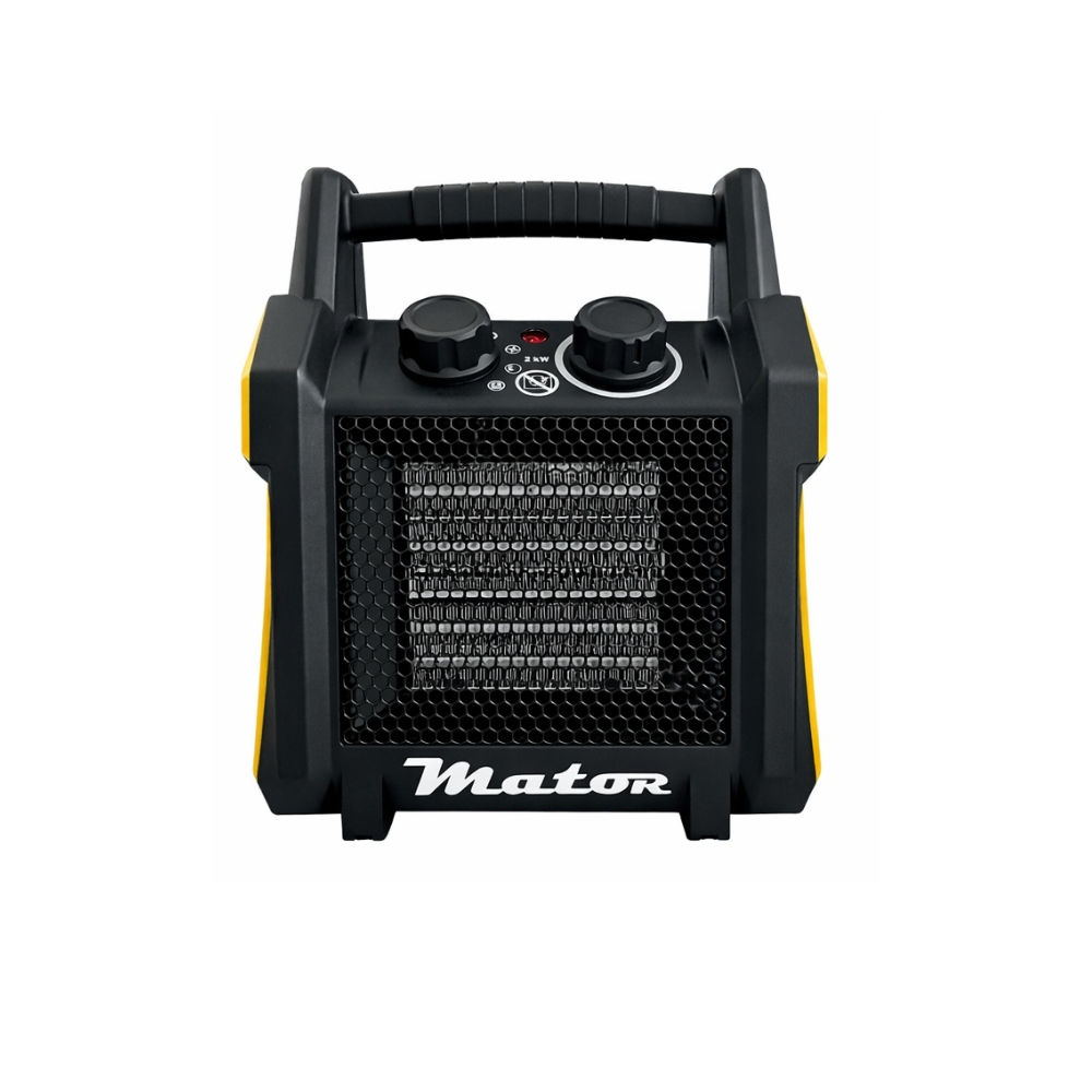 Un calefactor eléctrico portátil Mator negro y amarillo con asa y dos diales.