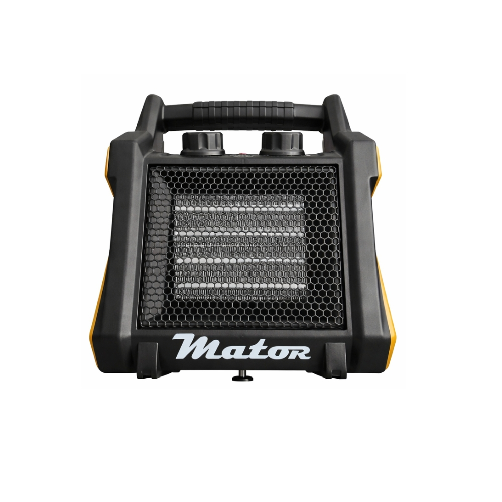 Calefactor eléctrico Mator negro con detalles amarillos, rejilla de nido de abeja y asa sobre fondo blanco.