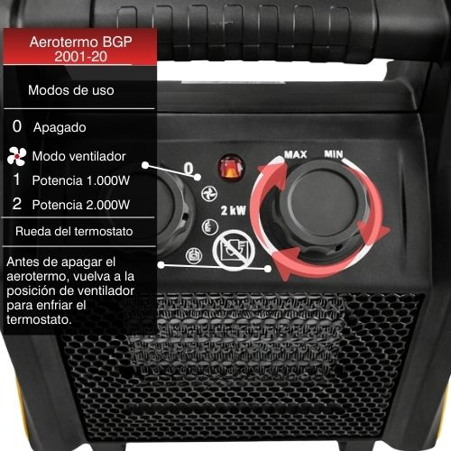 Panel de control de un calefactor con perilla de termostato, iconos de función y texto en español.