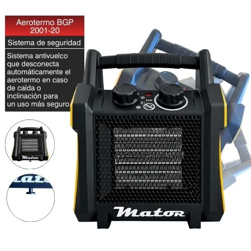 Calefactor Mator negro y amarillo con sistema antivuelco y dos mandos superiores.