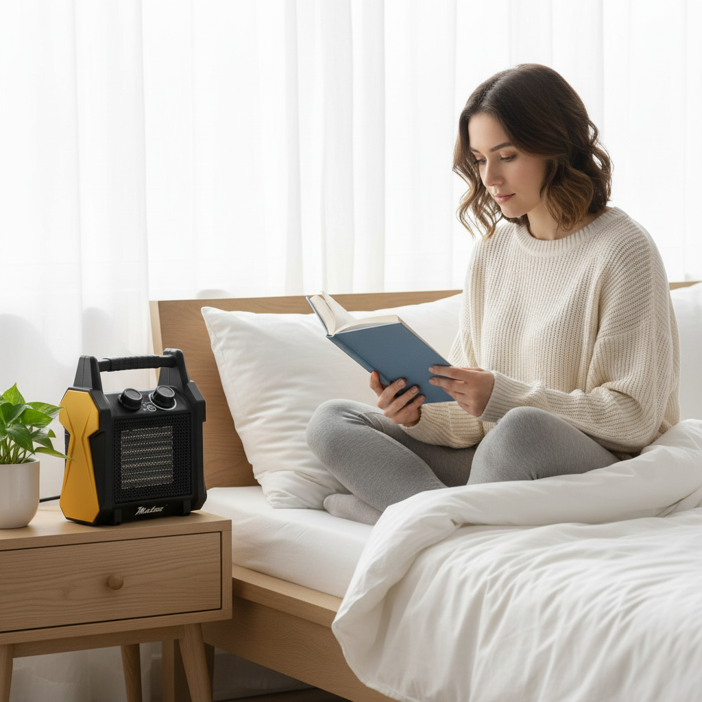 Una mujer lee un libro en la cama, junto a una mesita de noche con calefactor.