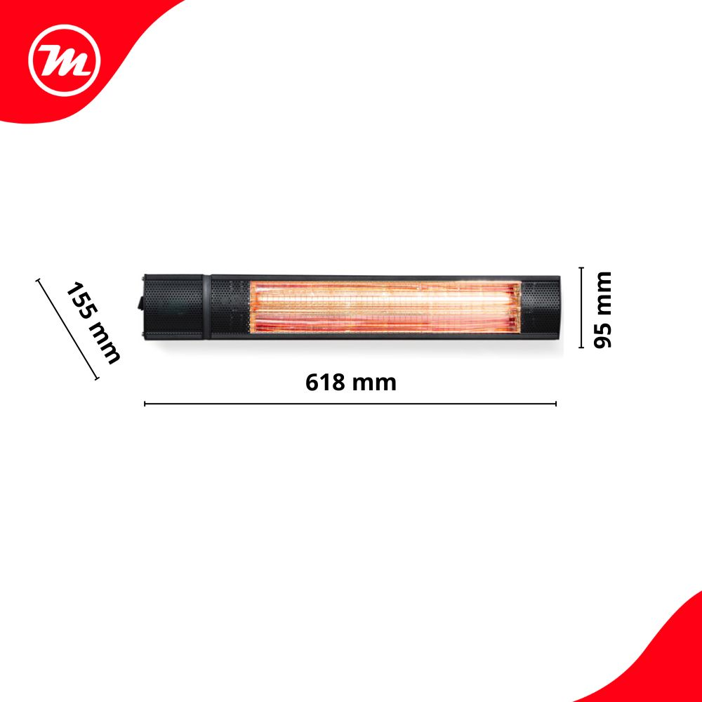 Calefactor infrarrojo negro con dimensiones de 618 mm de largo, 95 mm de alto y 155 mm de profundidad.