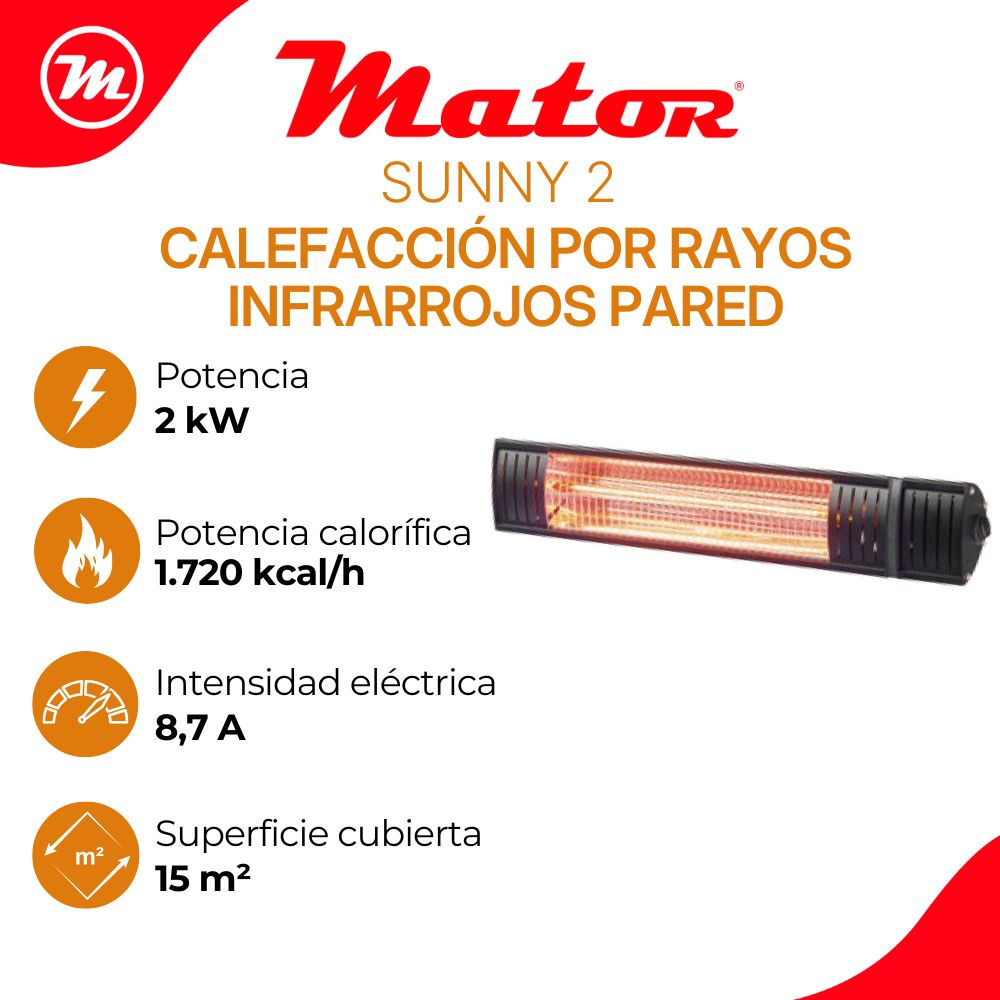 Anuncio de calefacción por rayos infrarrojos Sunny 2 de Mator con especificaciones.