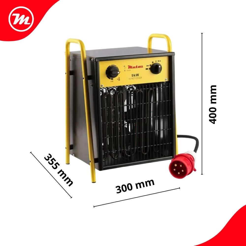 Un calefactor eléctrico negro y amarillo con dimensiones 300x355x400 mm y un enchufe rojo.