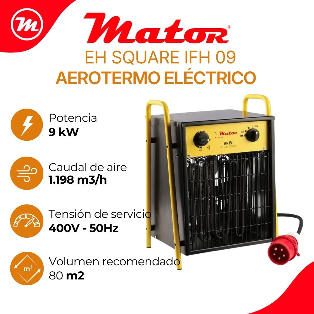 Calefactor eléctrico Mator EH Square IFH 09 con estructura amarilla y especificaciones a la izquierda.