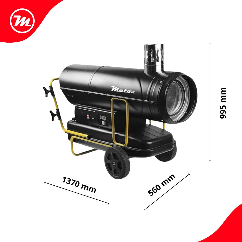 Calefactor industrial Mator negro con ruedas, dimensiones 1370x560x995 mm.