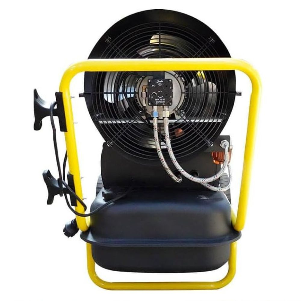 Un calefactor industrial negro y portátil con un marco amarillo, un ventilador y mangueras sobre fondo blanco.
