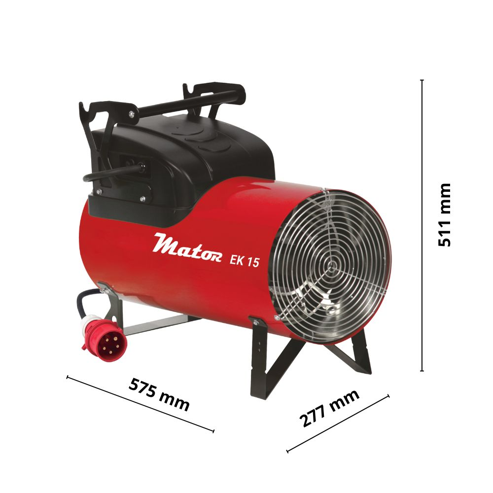 Calefactor industrial rojo Mator EK 15 con asa negra, rejilla frontal y acotaciones.