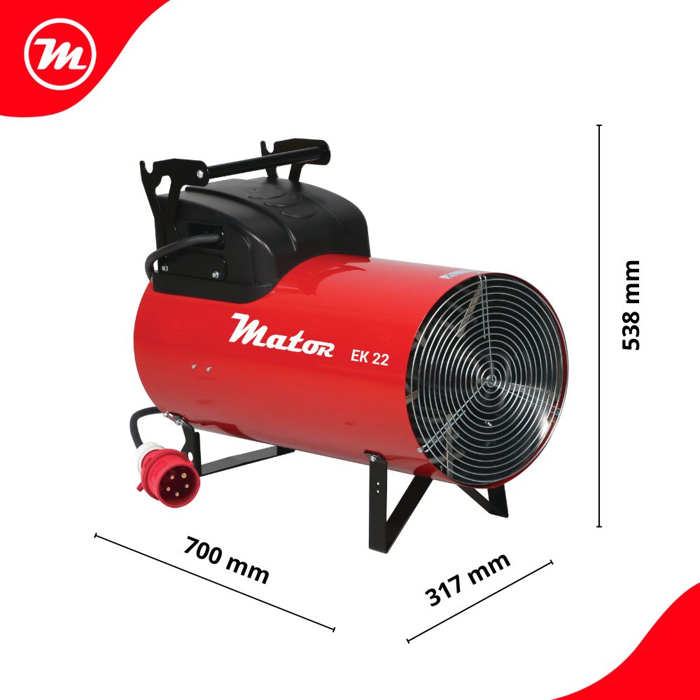 Calefactor de aire Mator EK 22 rojo con asa negra, soporte y dimensiones sobre fondo blanco.