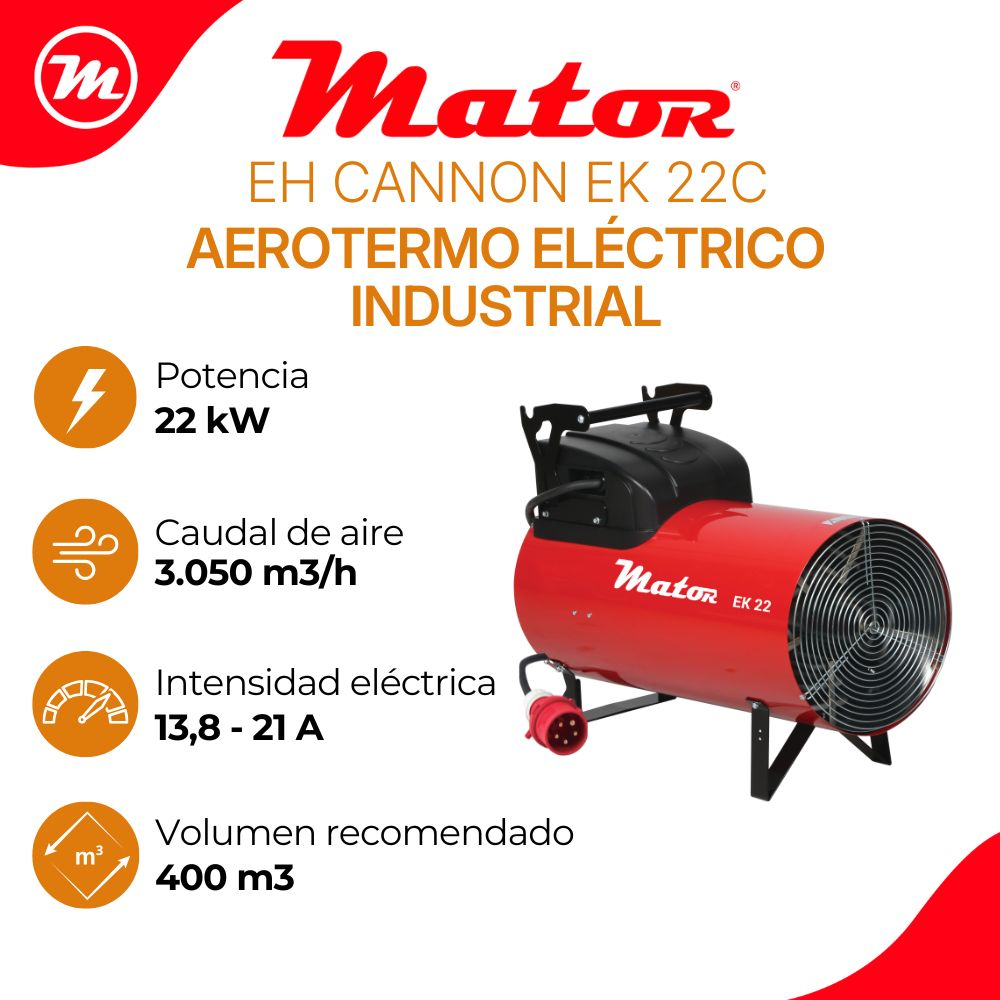 Calefactor industrial eléctrico rojo y negro con especificaciones como 22 kW de potencia sobre fondo blanco.