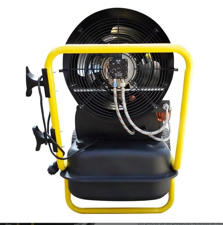 Calefactor industrial negro con marco protector amarillo y cables sobre fondo blanco.