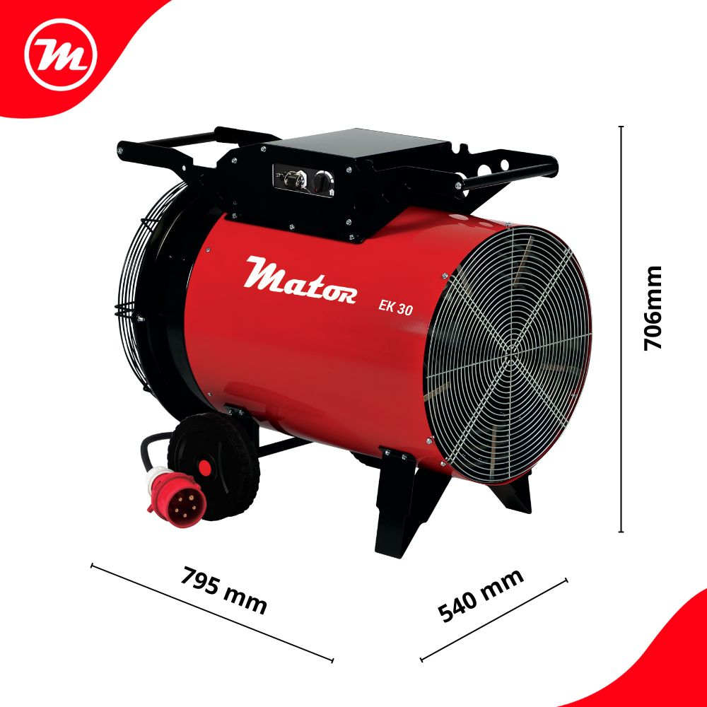 Calefactor industrial cilíndrico rojo Mator EK 30 con asa, ruedas, rejilla protectora y dimensiones.