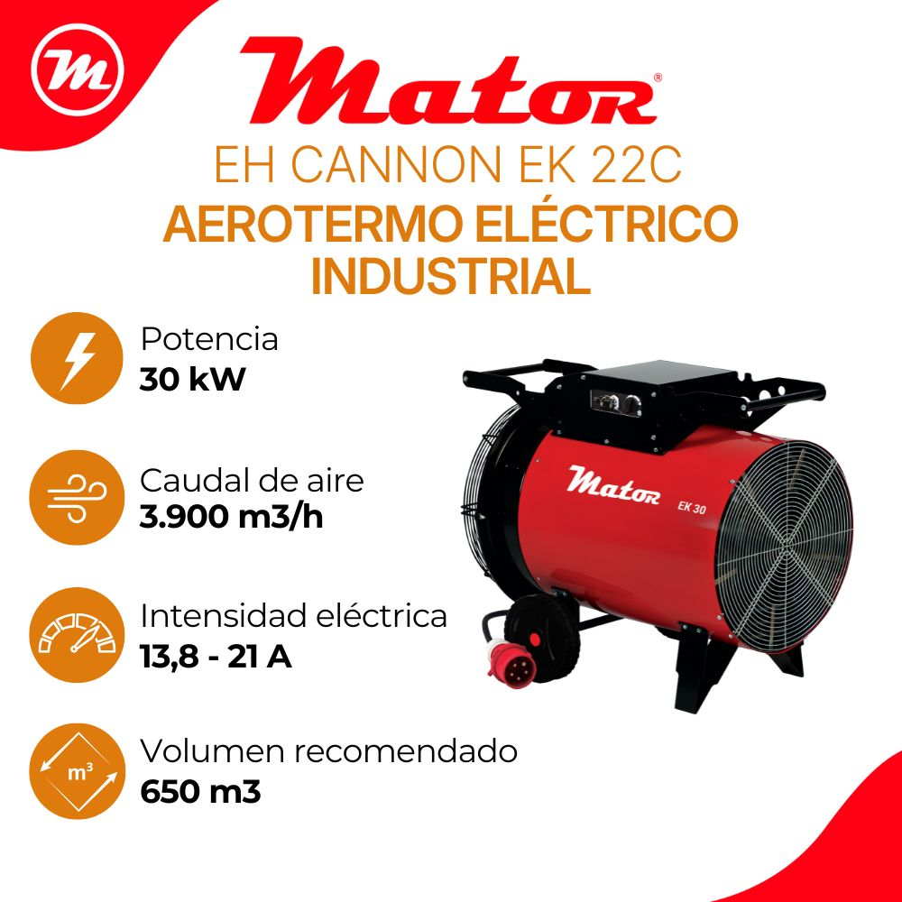 Calefactor eléctrico industrial Mator rojo con especificaciones en fondo blanco.