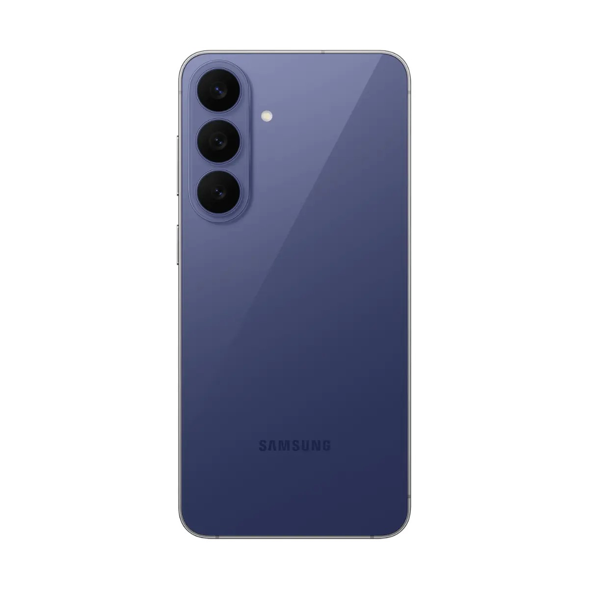 Retro di uno smartphone Samsung blu con tre fotocamere verticali e flash a sinistra, e logo Samsung in basso.