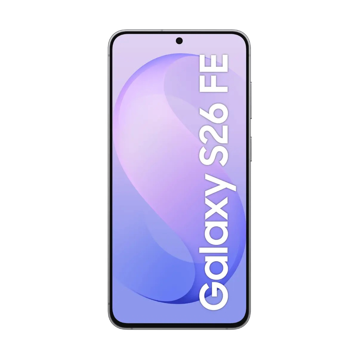 Vista frontale di uno smartphone con grafica viola e scritta Galaxy S26 FE su sfondo chiaro.