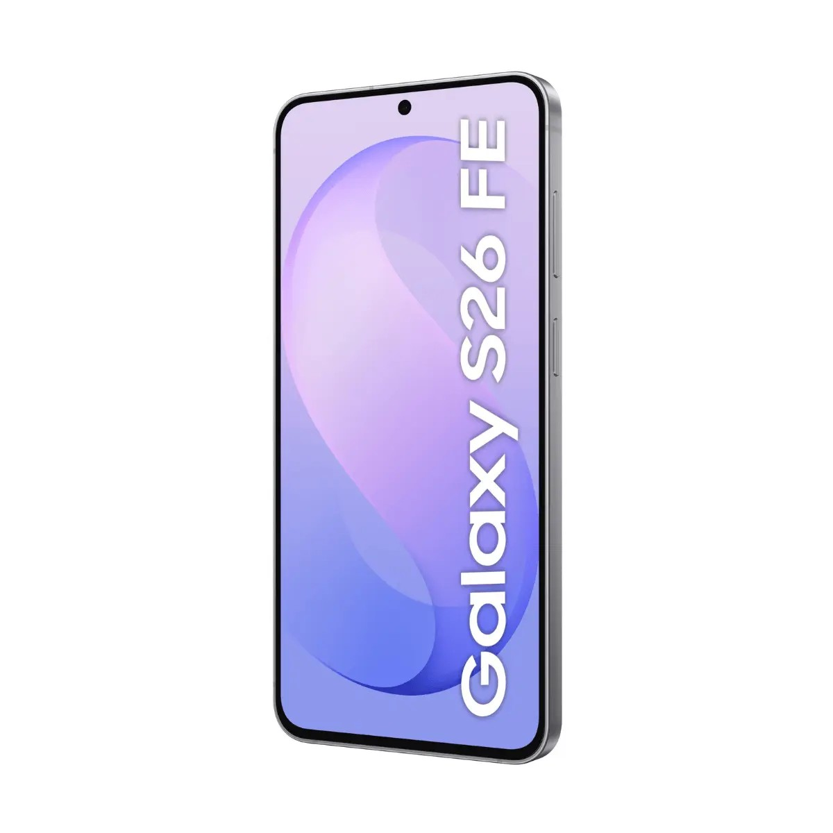 Uno smartphone argentato mostra il testo Galaxy S26 FE sullo schermo viola.