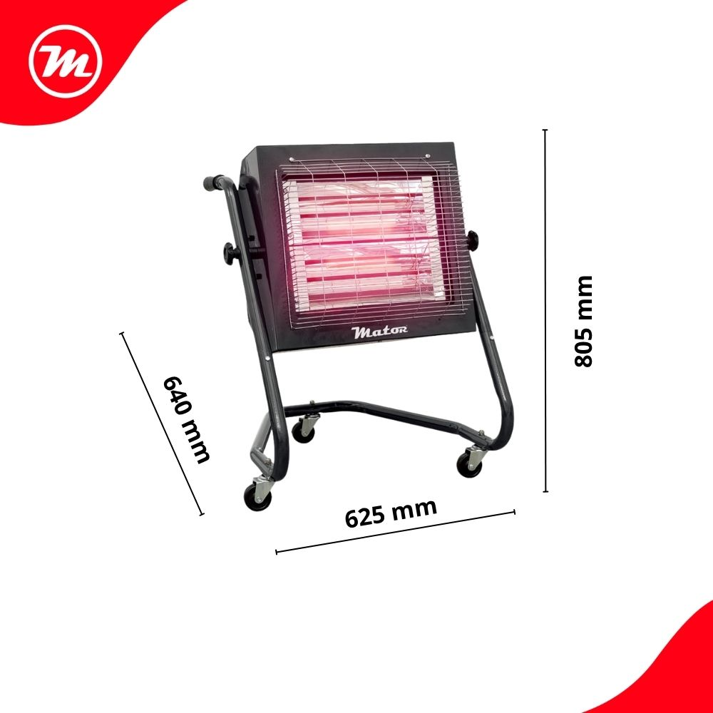 Calefactor infrarrojo Mator negro con ruedas y acotaciones de dimensiones de 805, 640 y 625 mm.