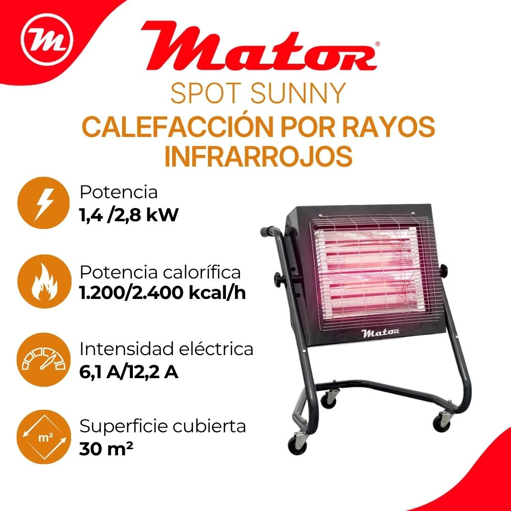 Calefactor por rayos infrarrojos Mator Spot Sunny con ruedas y especificaciones.
