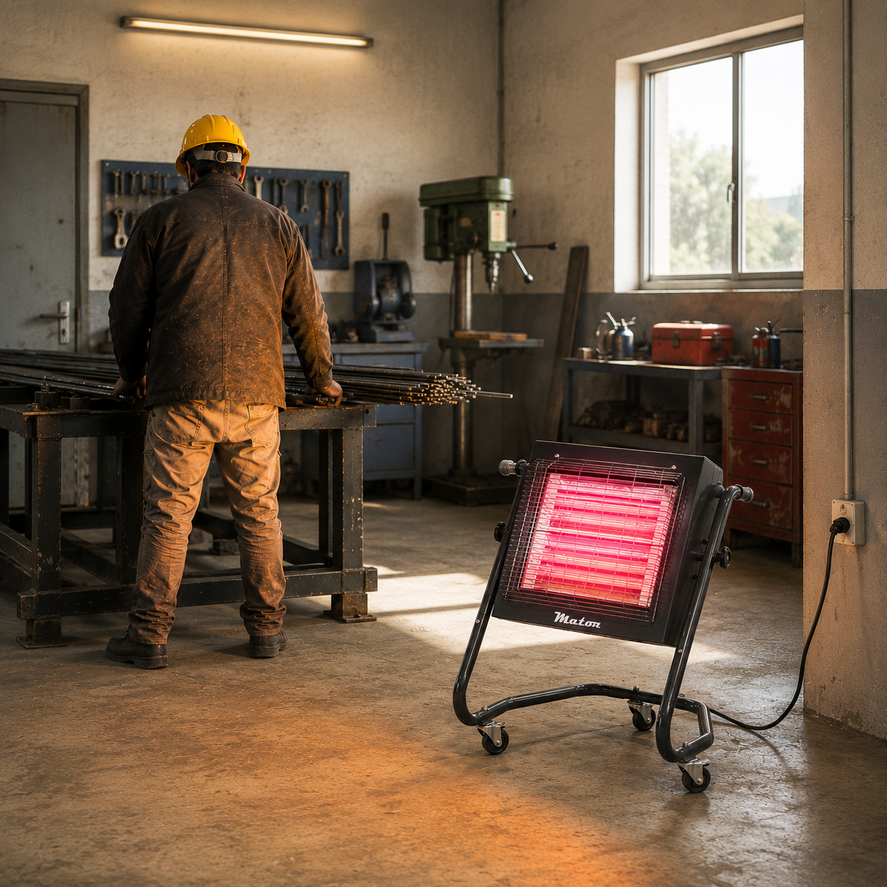 Un trabajador en un taller está junto a unos bancos, con un calefactor infrarrojo eléctrico calentando en primer plano.