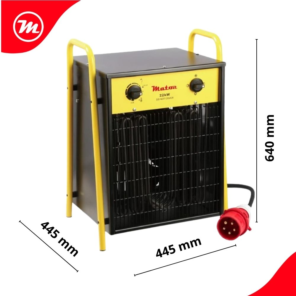 Un calefactor industrial negro con panel frontal amarillo, estructura amarilla y cable rojo, con líneas de cotas.