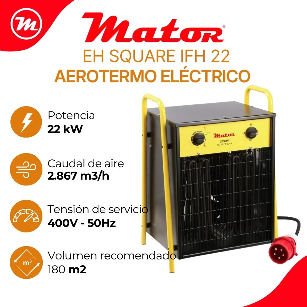 Aerotermo eléctrico Mator EH Square IFH 22 con carcasa amarilla y negra, mandos y especificaciones a la izquierda.