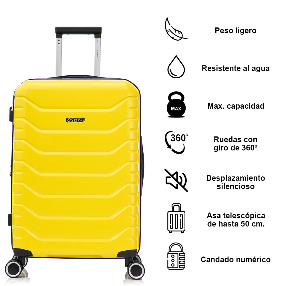 Una maleta rígida amarilla con asa telescópica e iconos que explican sus características.