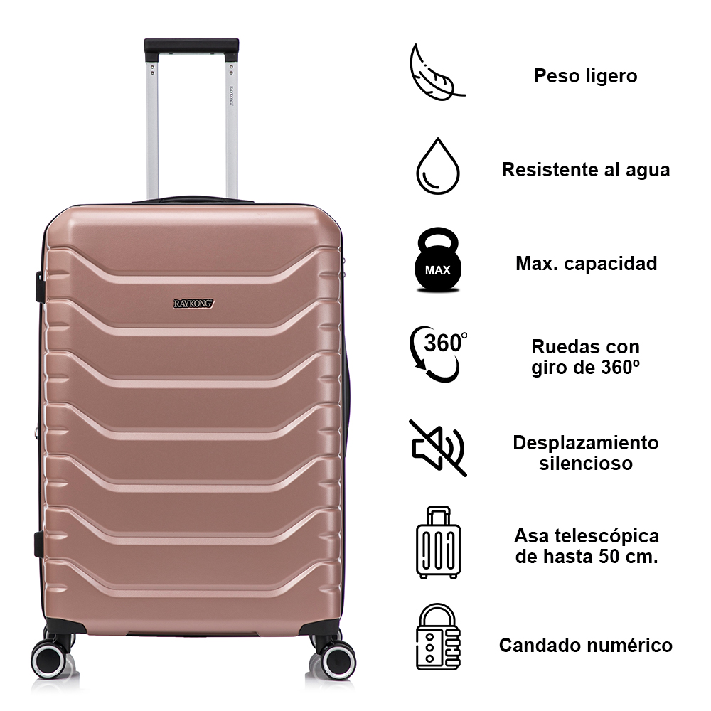 Maleta rosa con asa telescópica e iconos de características a la derecha.