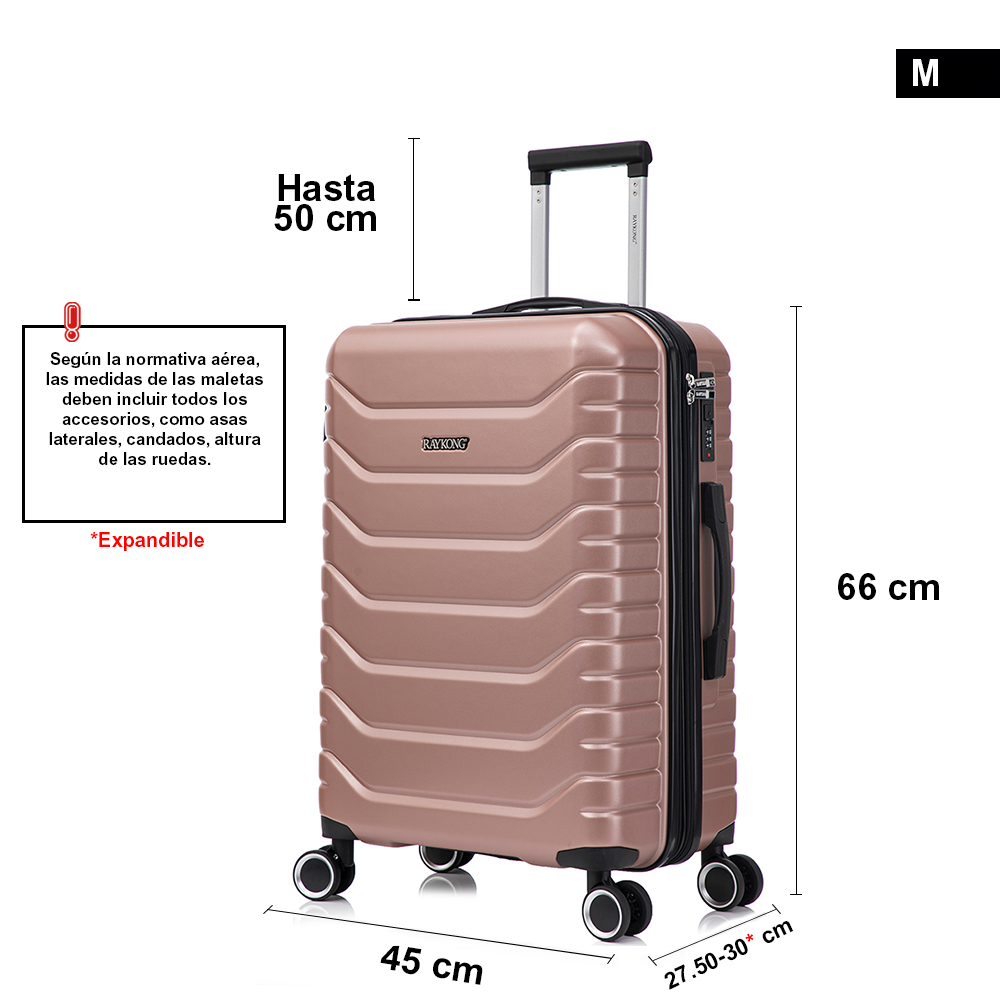 Una maleta mediana de oro rosa con asa extensible y medidas en un fondo blanco.